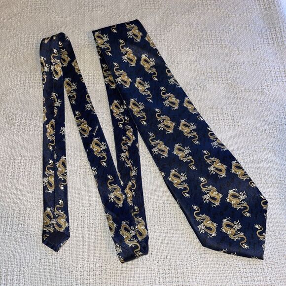 Kailong Dress Tie Mens Size 56 Long 4 Wide Blue Dragon Motif 100% Silk Hand Made - Picture 1 of 12